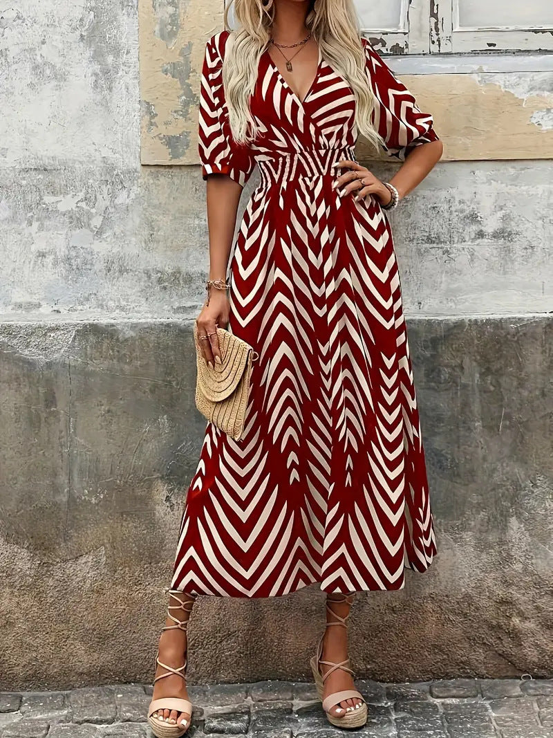Sarah - Elegante abito con scollo a V e stampa geometrica
