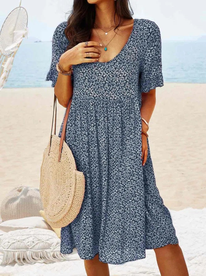 Emiely - Vestito Casual Largo Floreale a Maniche Corte