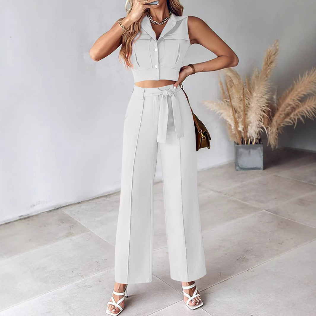 Lourdes - Completo elegante con top senza maniche e pantaloni a gamba larga con cintura