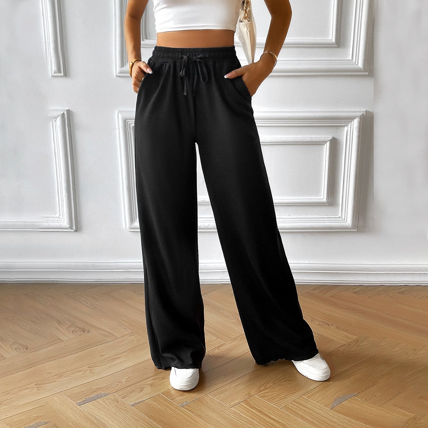 Emerald - Eleganti pantaloni larghi con vita comoda e cordino
