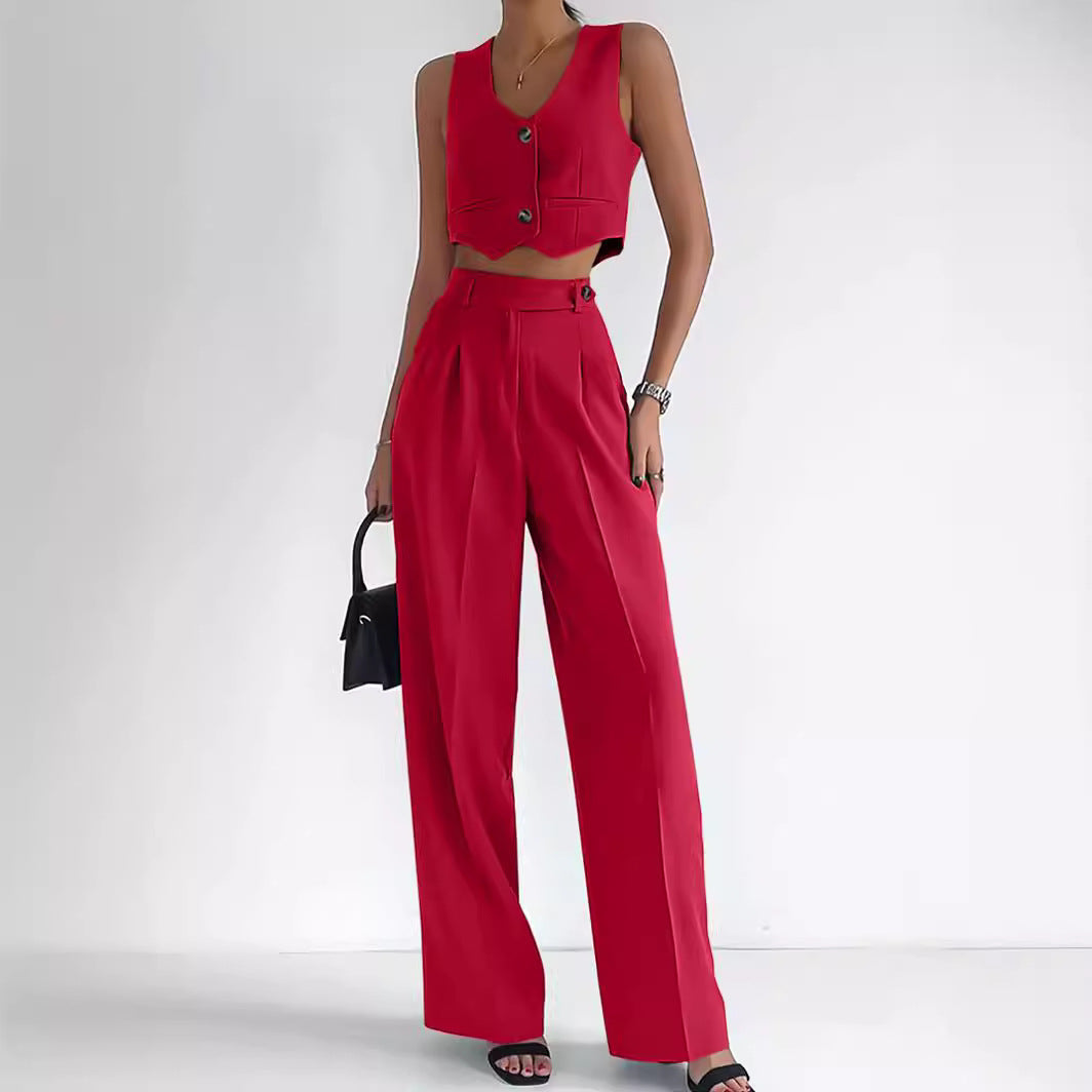 Marella - Elegante completo con gilet corto a V e pantaloni a vita alta