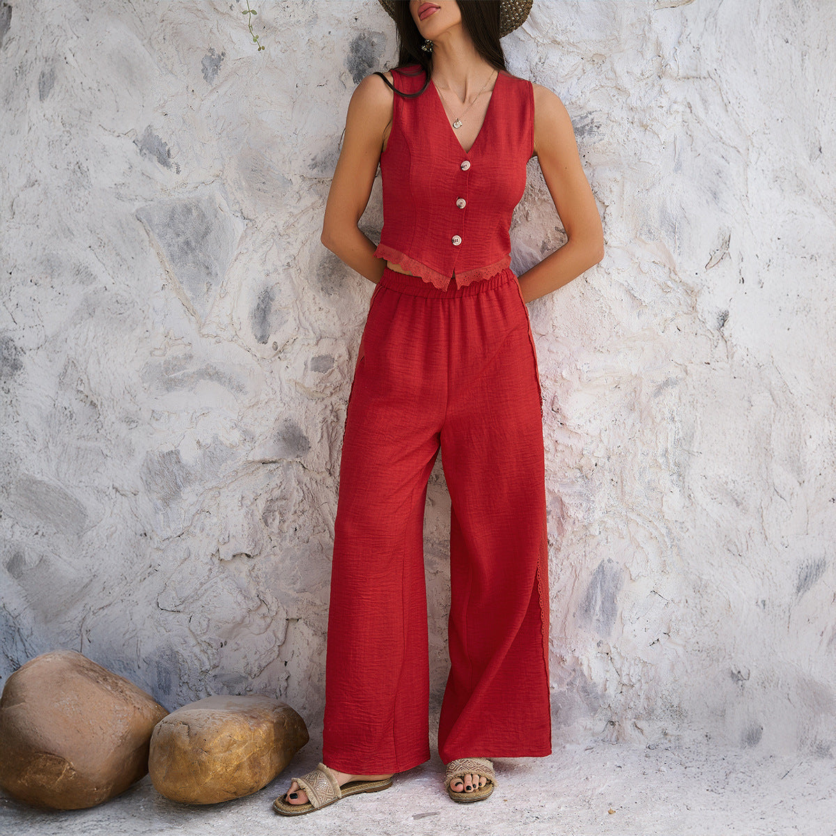 Esmae - Completo casual con gilet a V e pantaloni a gamba larga