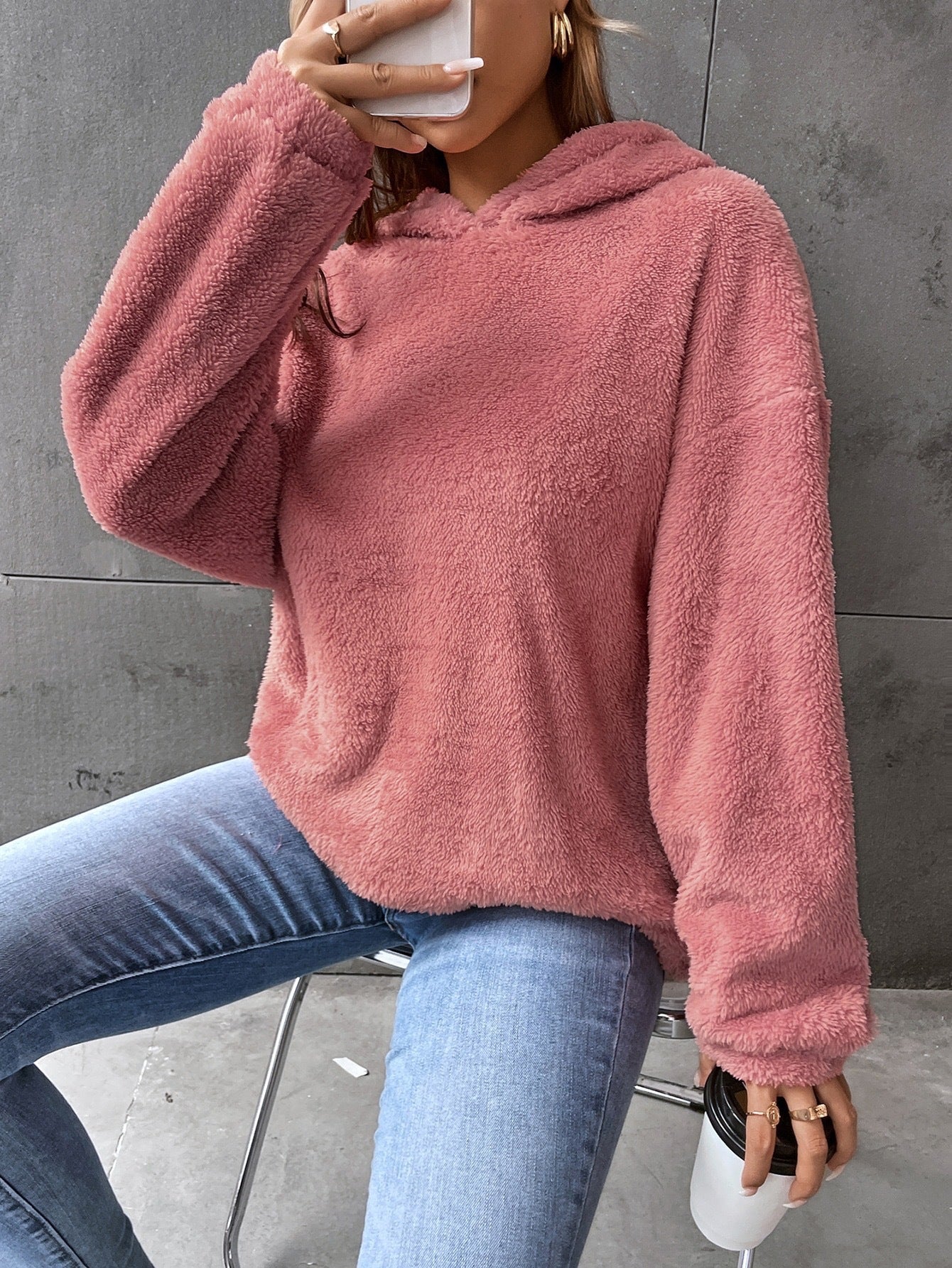 Leasha - Giacca casual in pile morbido e caldo con cappuccio