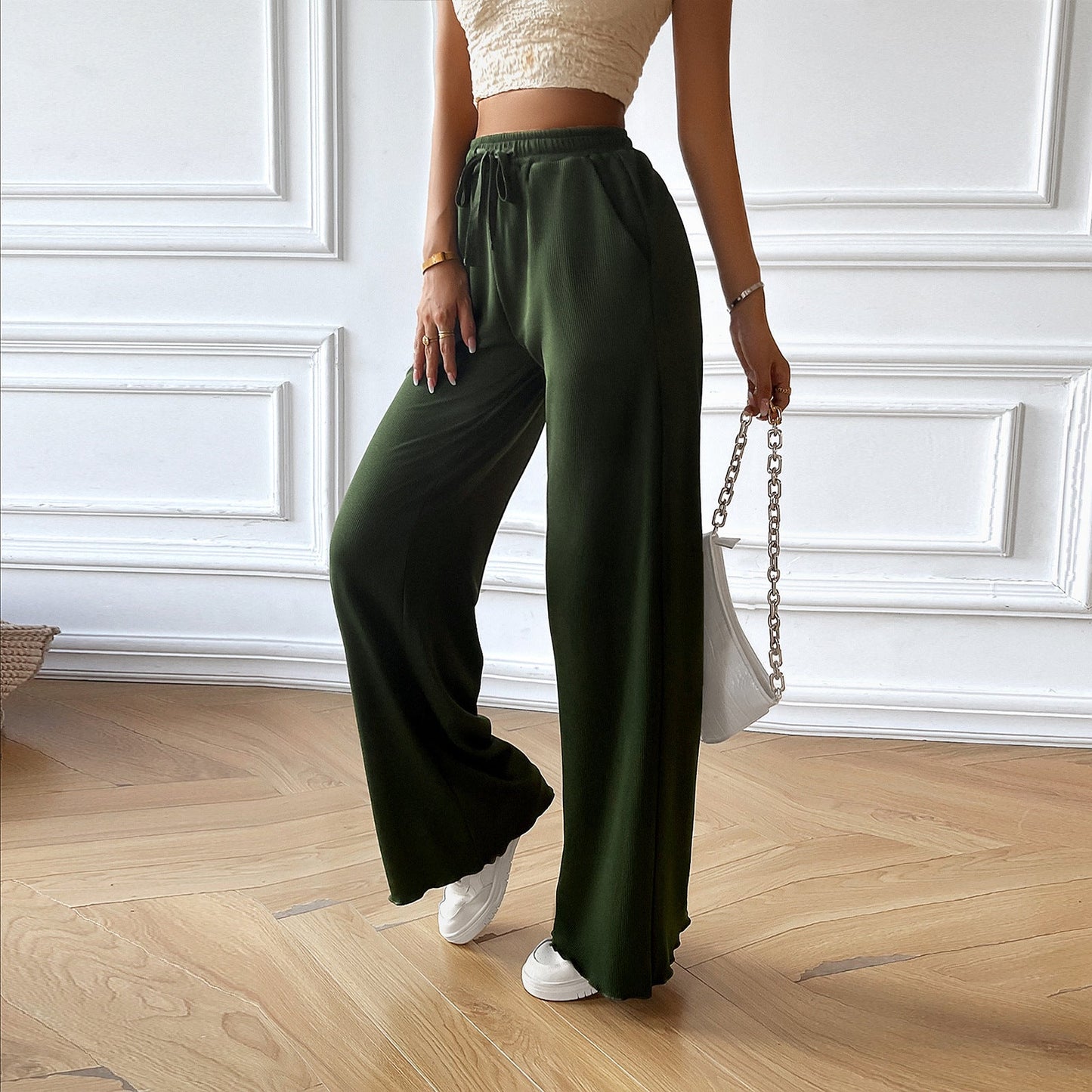 Emerald - Eleganti pantaloni larghi con vita comoda e cordino