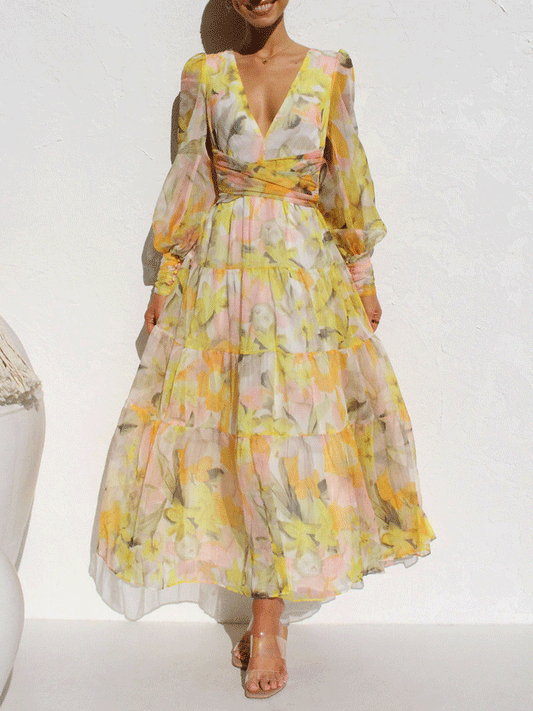 Sylvaine - Elegante abito maxi floreale a maniche lunghe