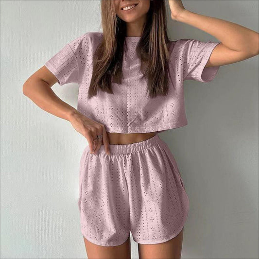 Briselle - Elegante completo con top corto a maniche corte e pantaloncini traforati