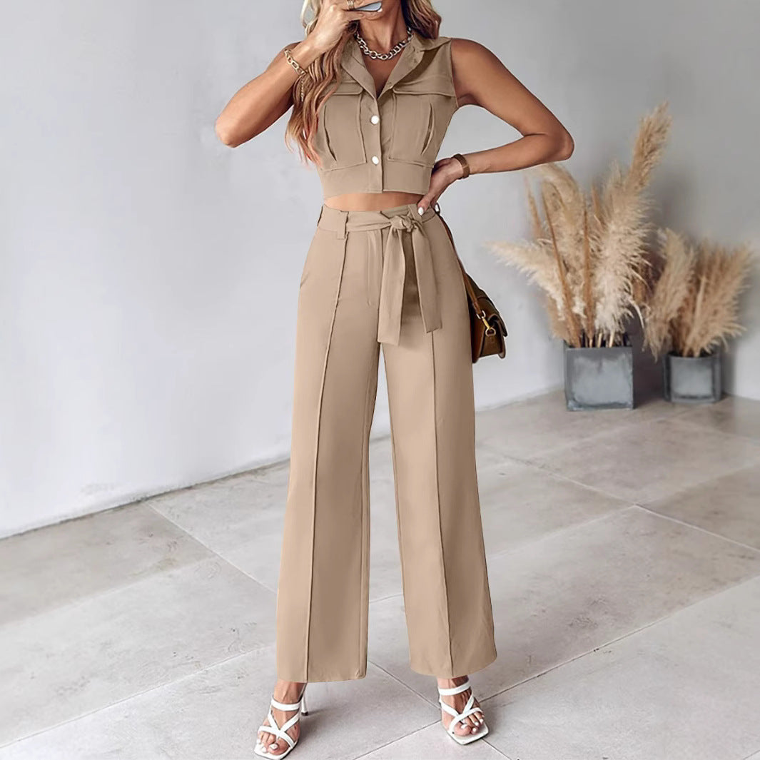 Lourdes - Completo elegante con top senza maniche e pantaloni a gamba larga con cintura