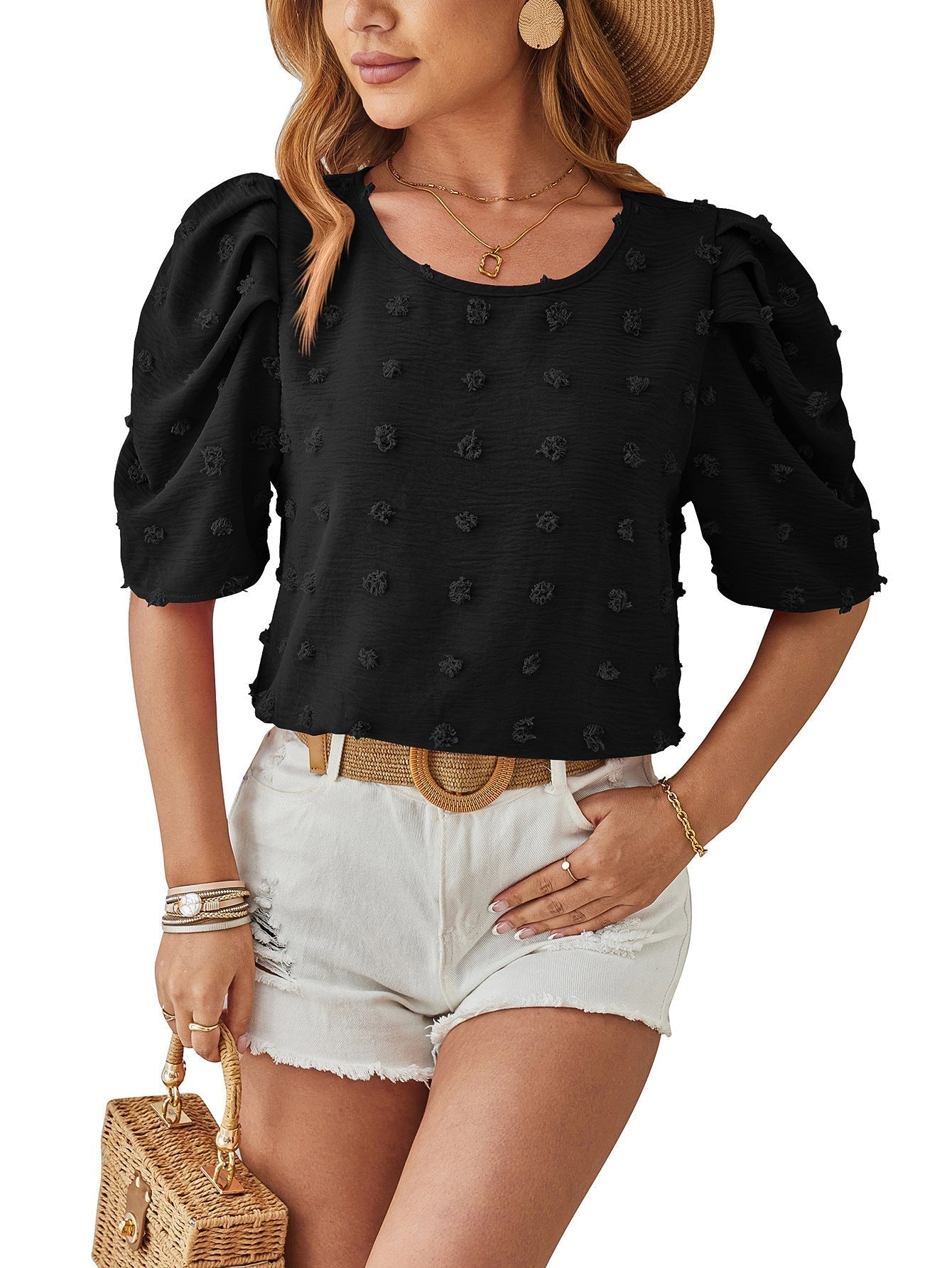 Willessa - Elegante blusa a pois svizzeri con maniche a sbuffo