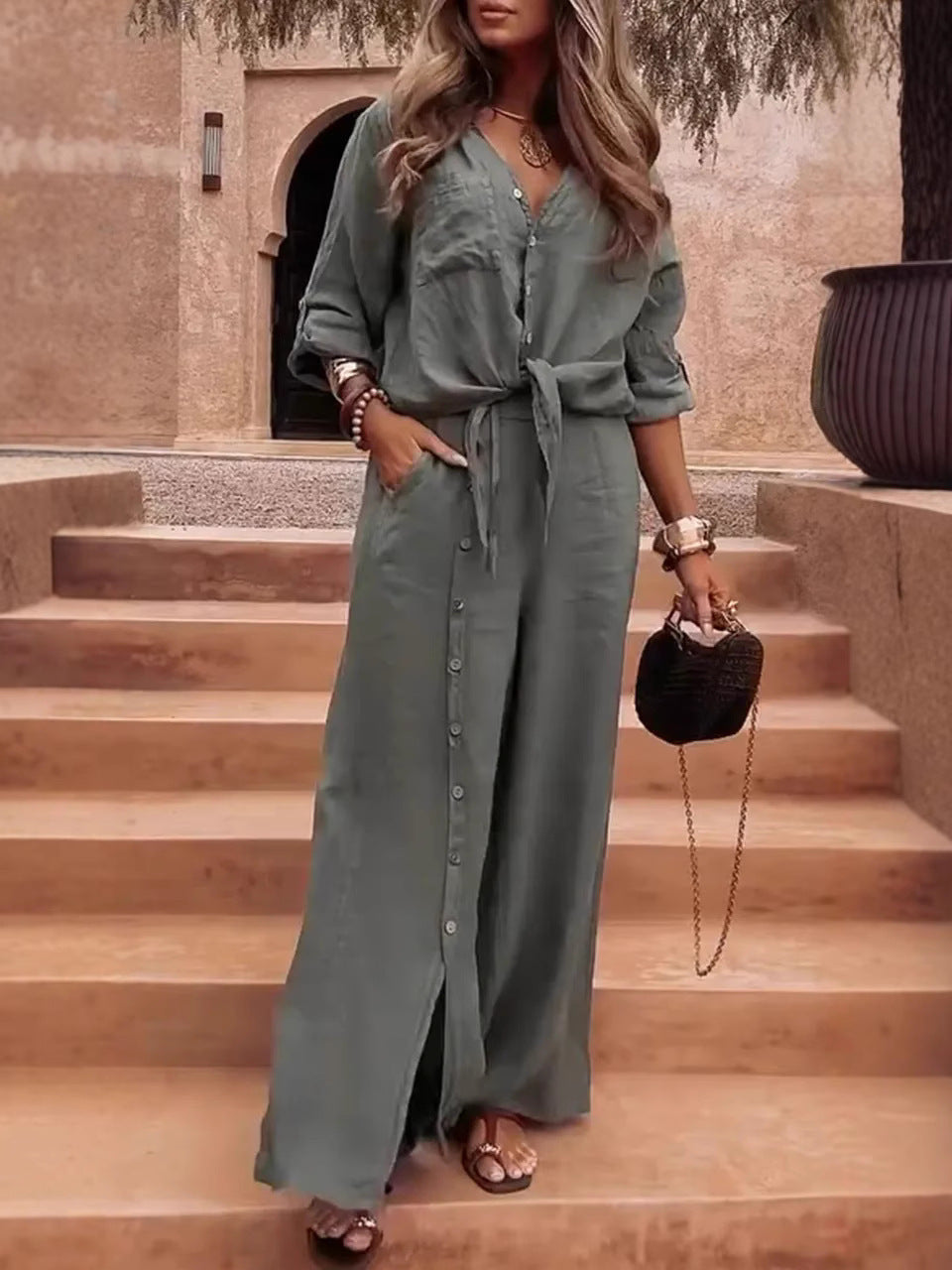 Averie - Completo casual con top abbottonato e pantaloni a gamba larga