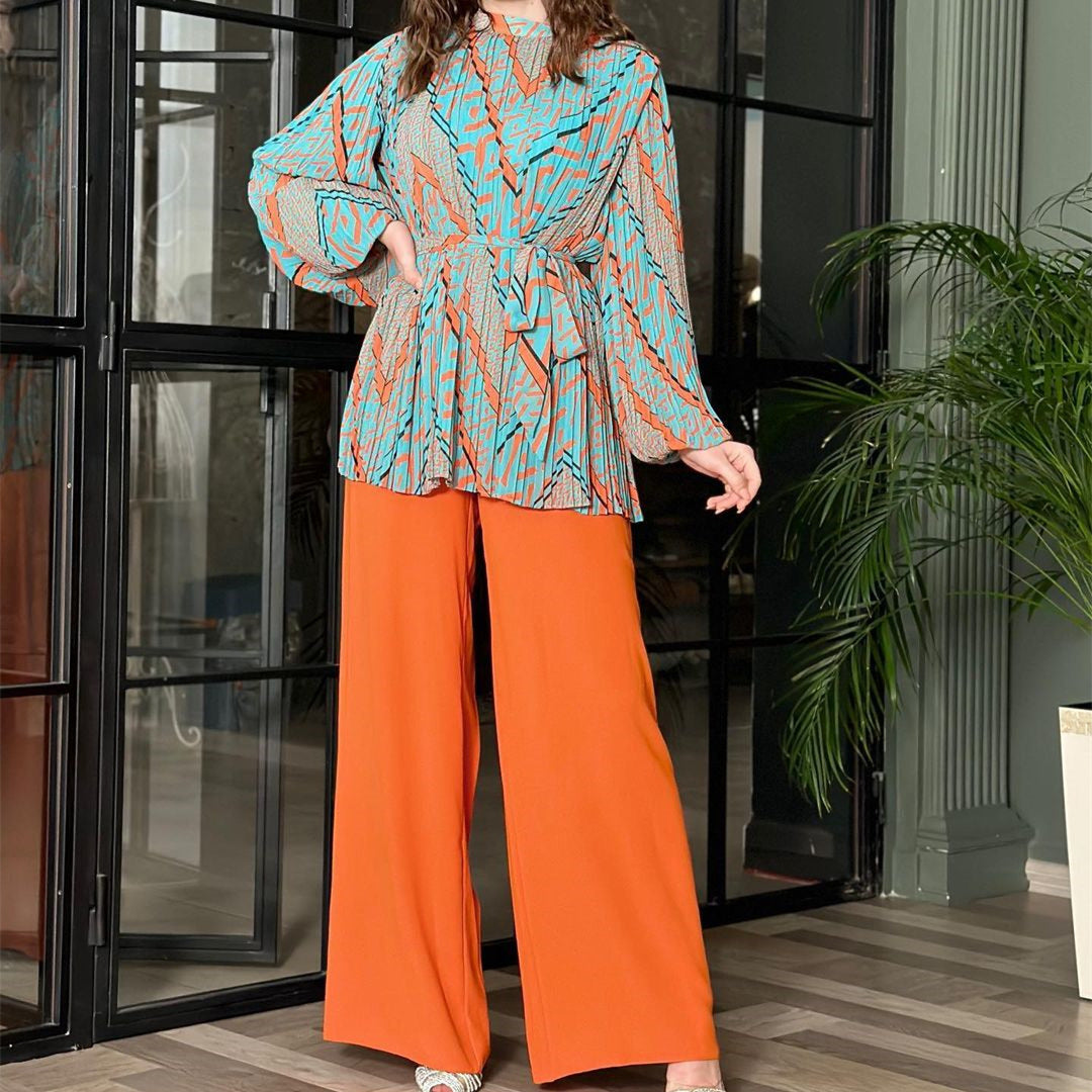 Sylvie - Elegante Completo con Blusa a Maniche a Palloncino e Pantaloni a Gamba Larga