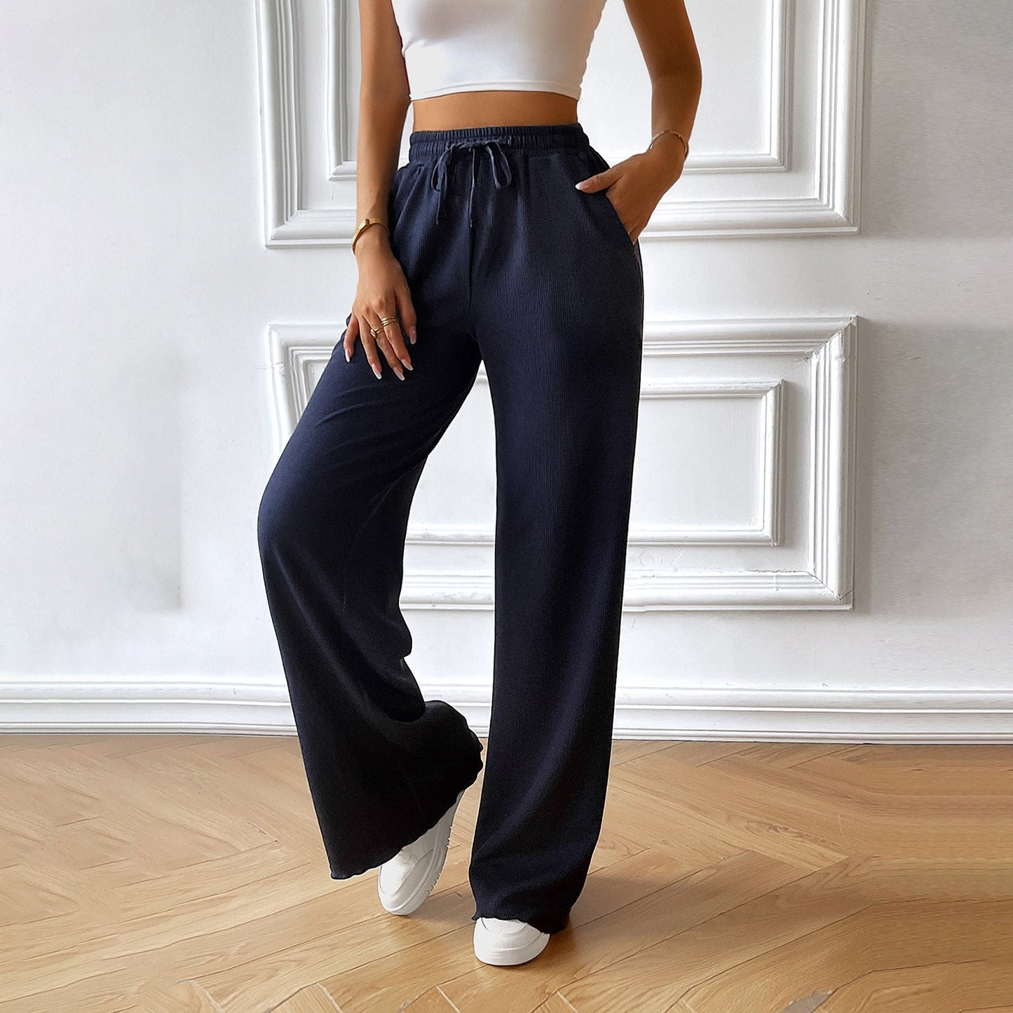 Emerald - Eleganti pantaloni larghi con vita comoda e cordino