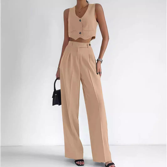 Marella - Elegante completo con gilet corto a V e pantaloni a vita alta