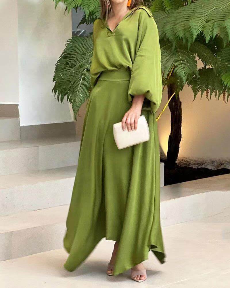 Olivine - Elegante abito maxi ampio a maniche lunghe