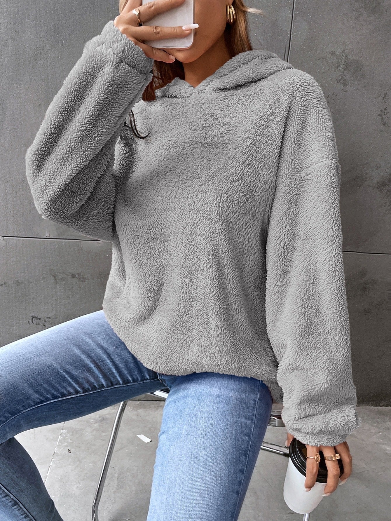 Leasha - Giacca casual in pile morbido e caldo con cappuccio