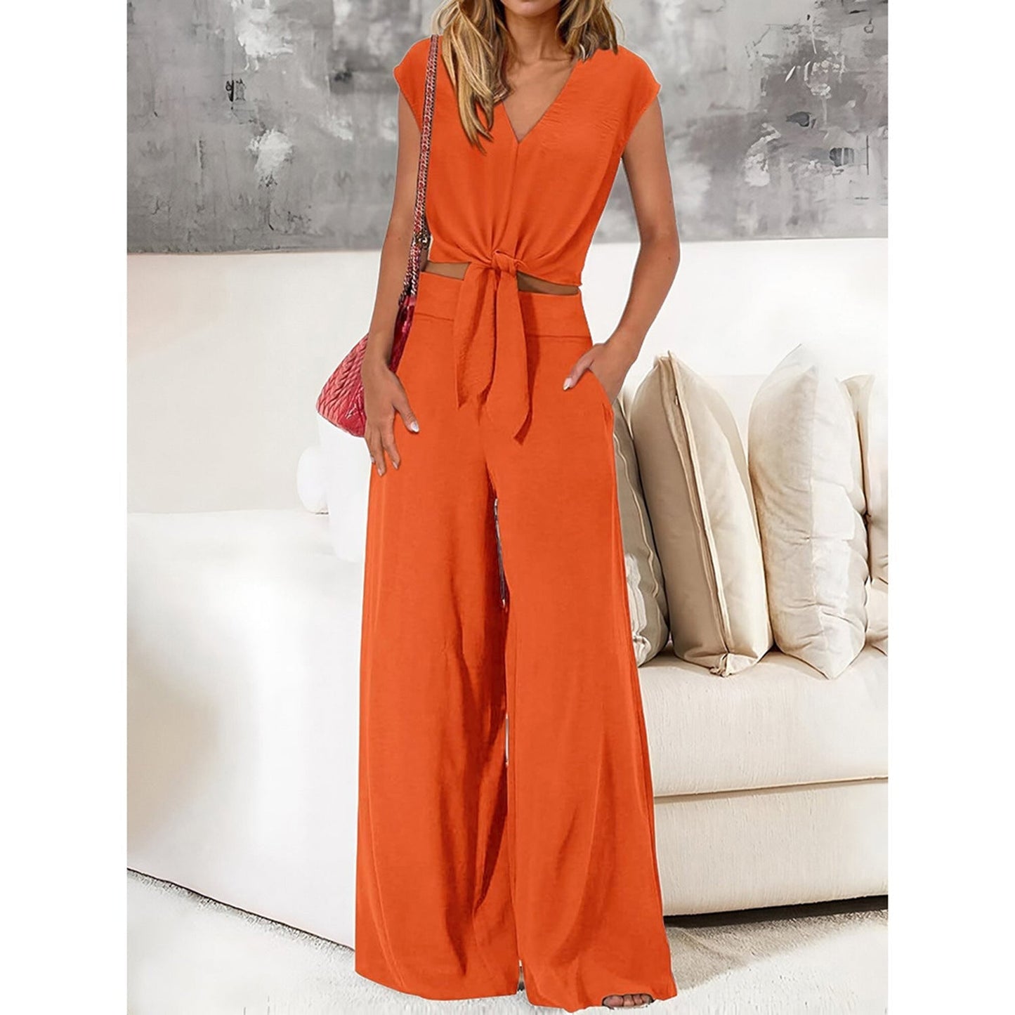 Analise - Completo elegante con top corto e pantaloni a vita alta
