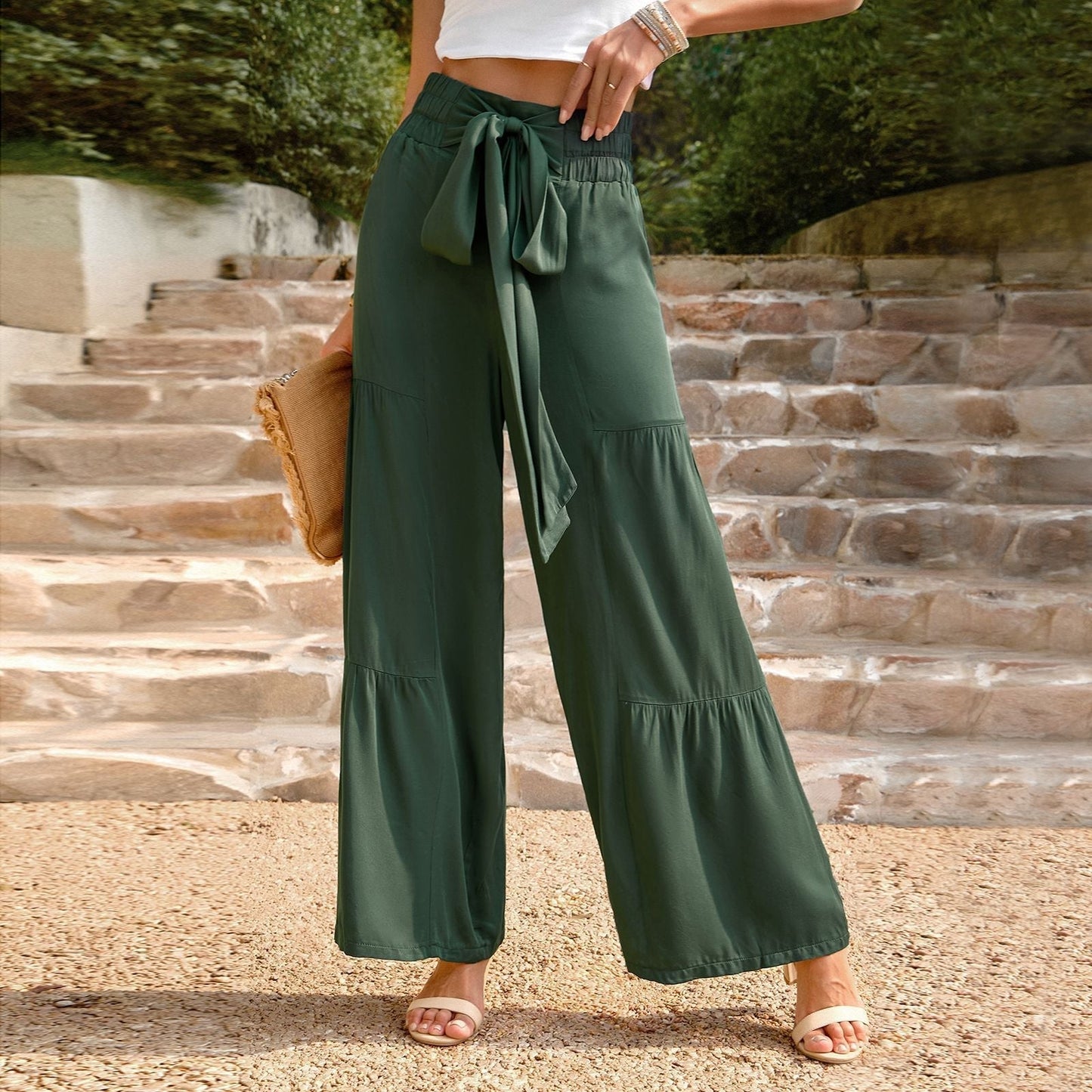 Emberly - Pantaloni a vita alta con spalline e taglio ampio