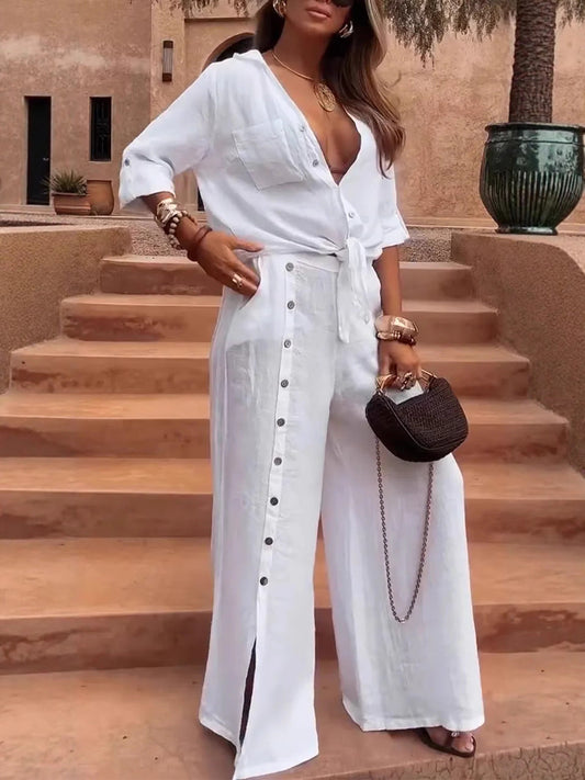 Averie - Completo casual con top abbottonato e pantaloni a gamba larga