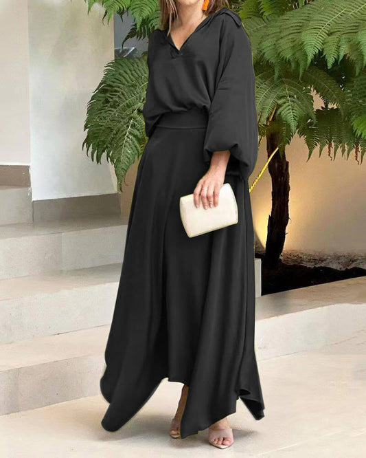 Olivine - Elegante abito maxi ampio a maniche lunghe