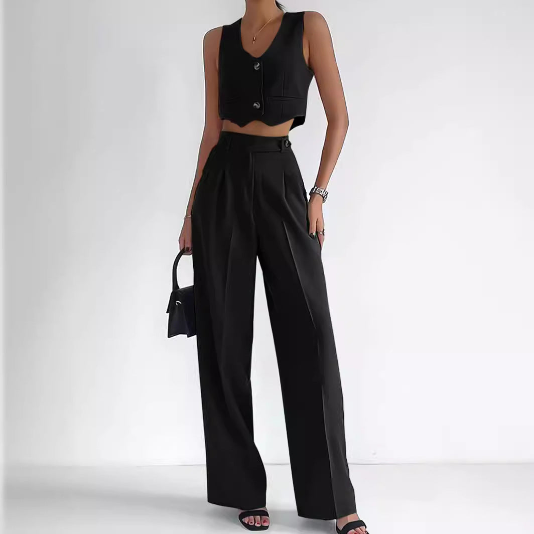 Marella - Elegante completo con gilet corto a V e pantaloni a vita alta