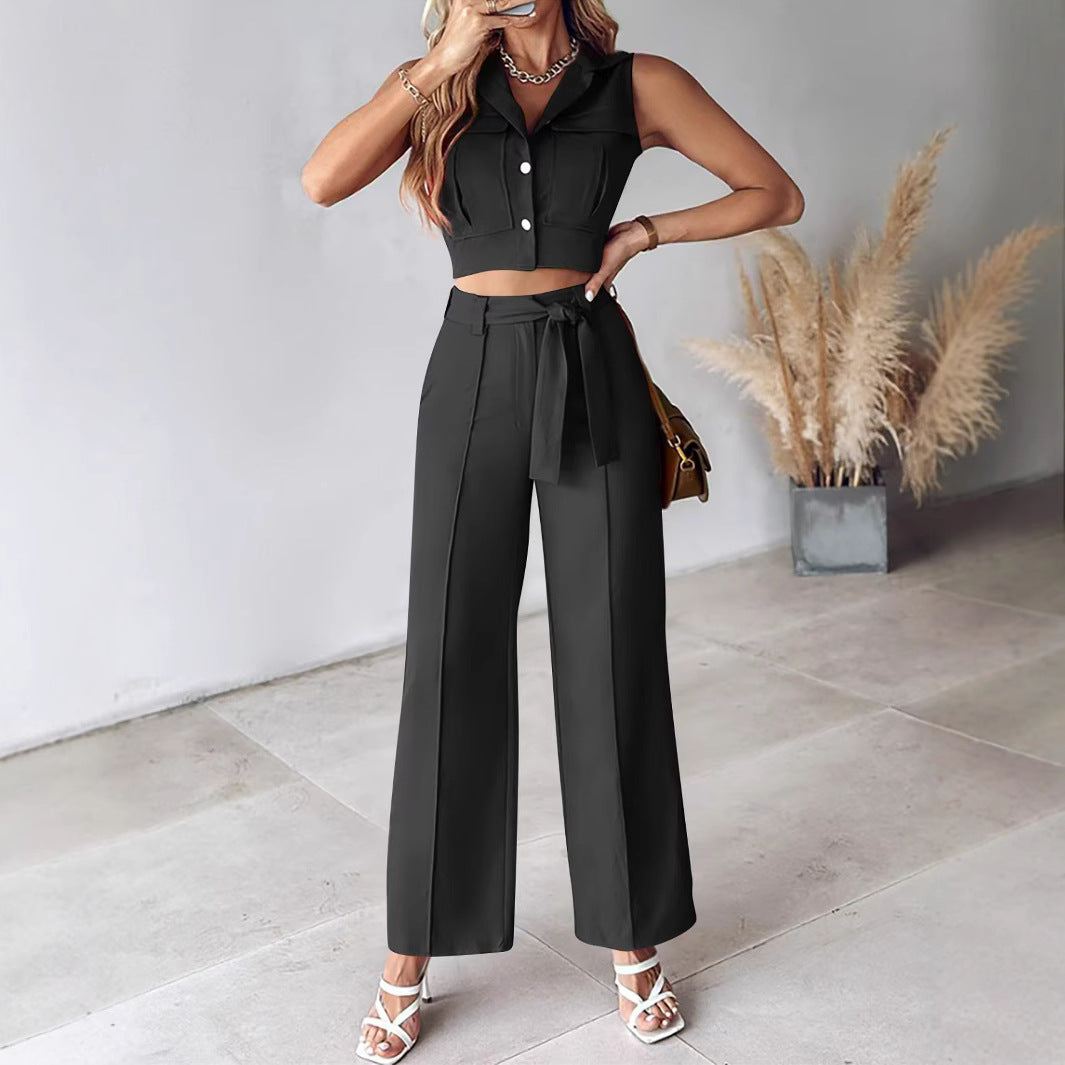 Lourdes - Completo elegante con top senza maniche e pantaloni a gamba larga con cintura