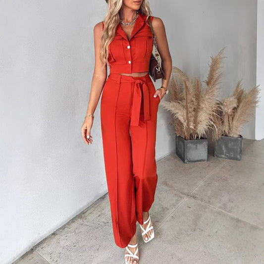 Lourdes - Completo elegante con top senza maniche e pantaloni a gamba larga con cintura