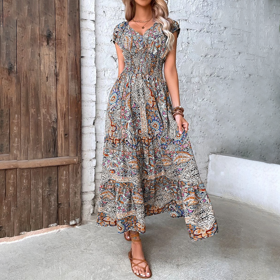 Keisha - Elegante maxiabito a maniche corte con scollo a V e stampa boho
