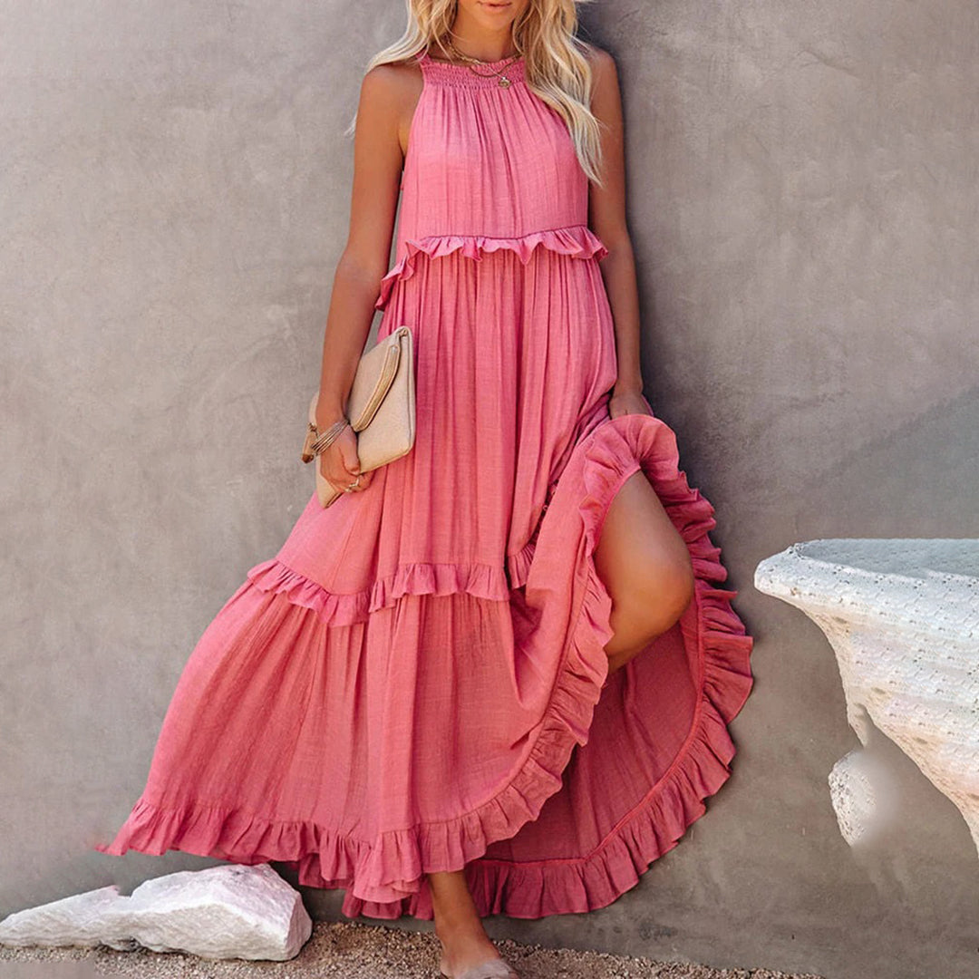 Alaina - Elegante abito maxi senza maniche con volant