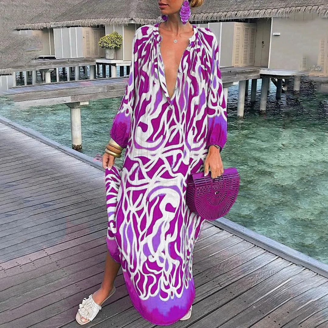 Xaira - Elegante abito ampio a maniche lunghe multicolore