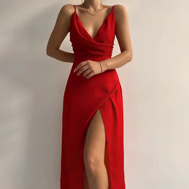 Katherine - Abito elegante con profondo scollo a V e spacco alto
