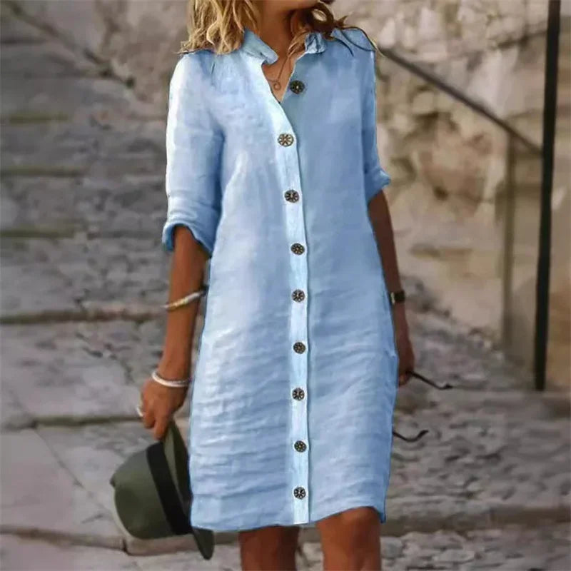 Elvera - Abito-camicia in cotone e lino con maniche a mezza lunghezza