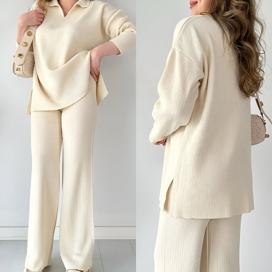 Julianna - Elegante completo con blusa a maniche lunghe con scollo a V e pantaloni