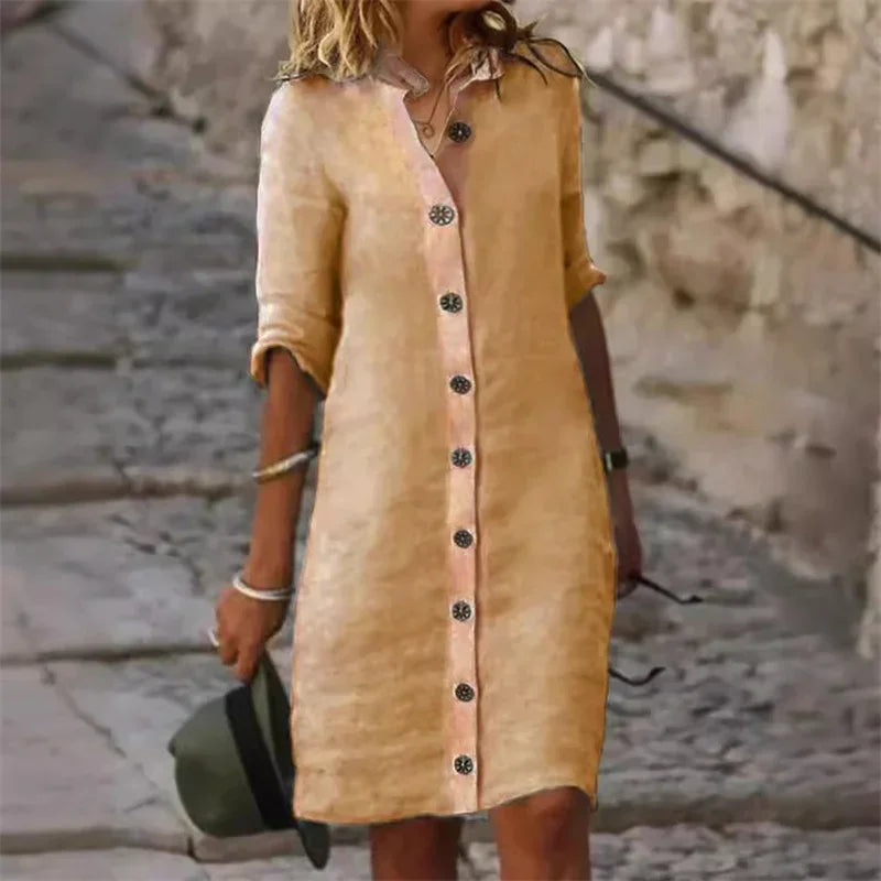 Elvera - Abito-camicia in cotone e lino con maniche a mezza lunghezza