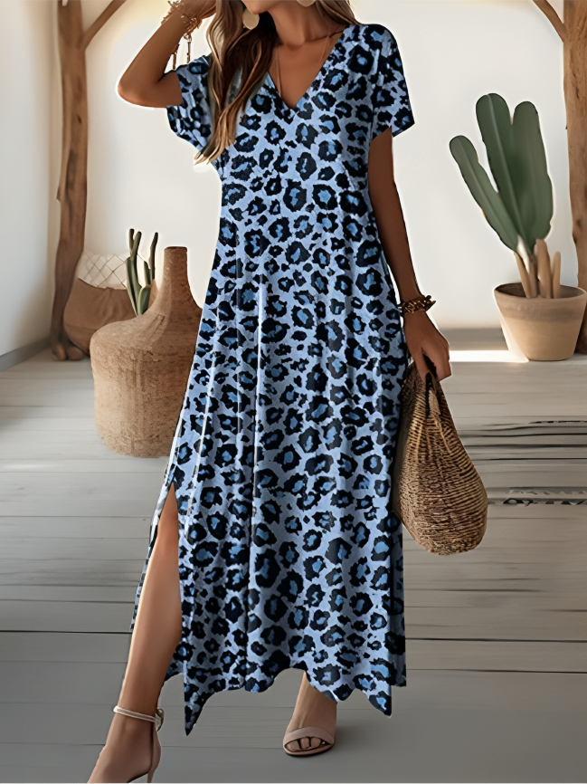 Quantina - Elegante abito maxi a maniche corte con scollo a V e stampa leopardata