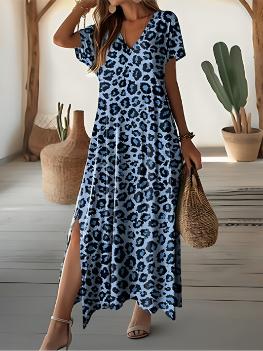 Quantina - Elegante abito maxi a maniche corte con scollo a V e stampa leopardata