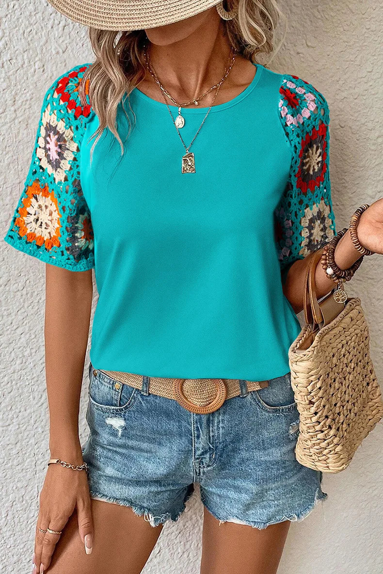 Velinda - T-shirt Casual con Maniche in Uncinetto