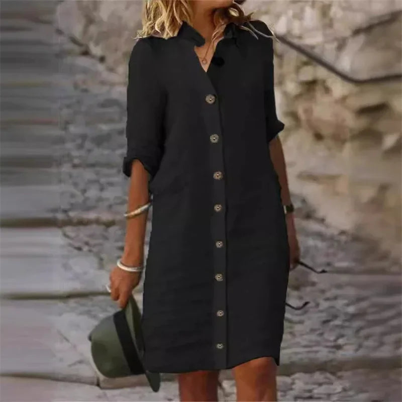Elvera - Abito-camicia in cotone e lino con maniche a mezza lunghezza