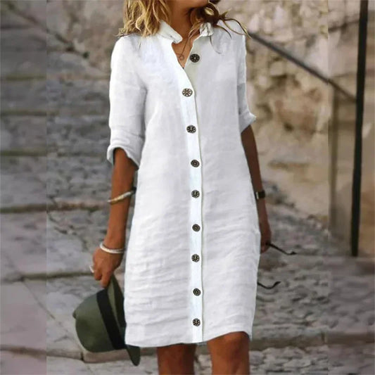 Elvera - Abito-camicia in cotone e lino con maniche a mezza lunghezza