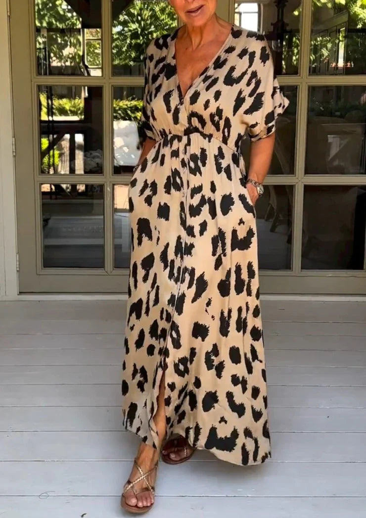Maxi abito leopardato con scollo a V