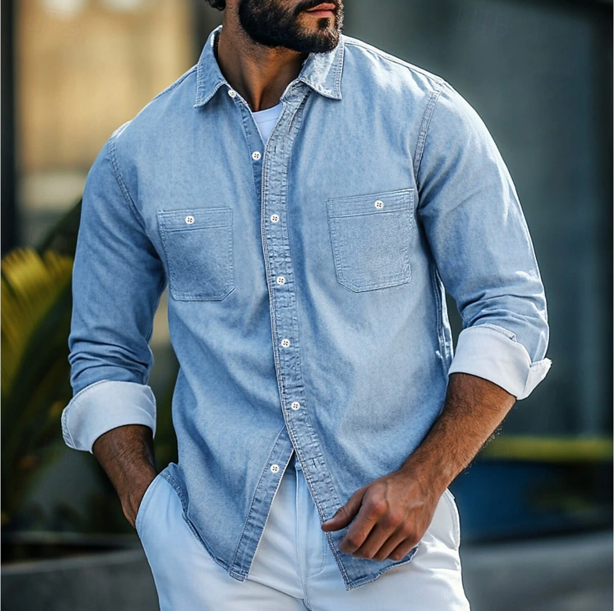 Mervin - Camicia in Denim a Maniche Lunghe con Bottoni