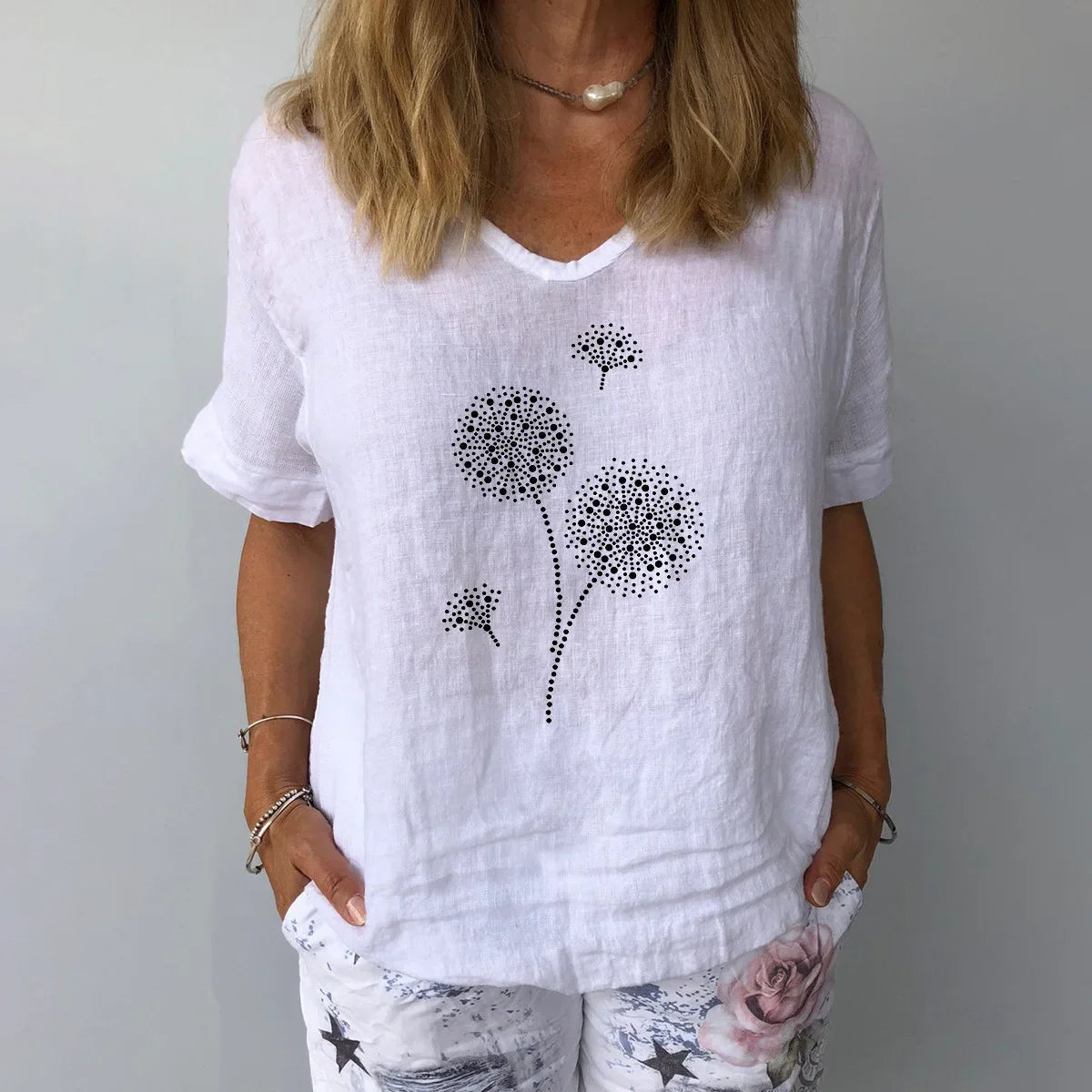 Wendolyn - Comoda T-shirt Casual Stampata con Scollo a V