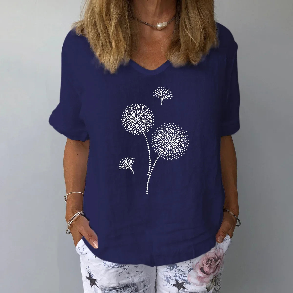Wendolyn - Comoda T-shirt Casual Stampata con Scollo a V