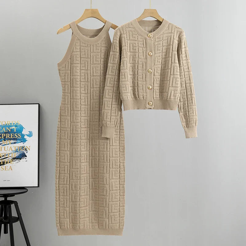 Zianna - Elegante Completo con Abito e Cardigan in Maglia Geometrica