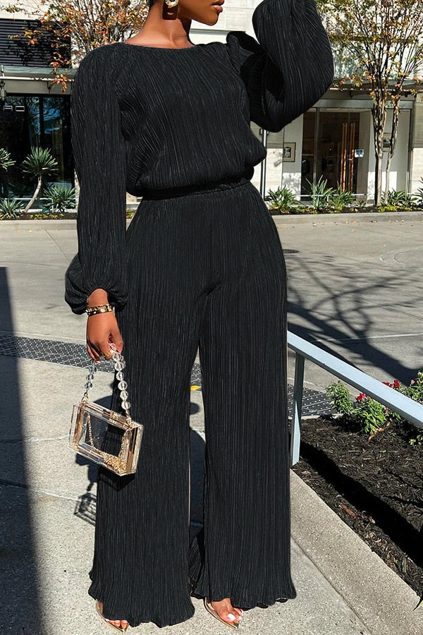 Arianne - Elegante Completo Plissettato con Blusa a Manica Lunga e Pantaloni a Gamba Larga