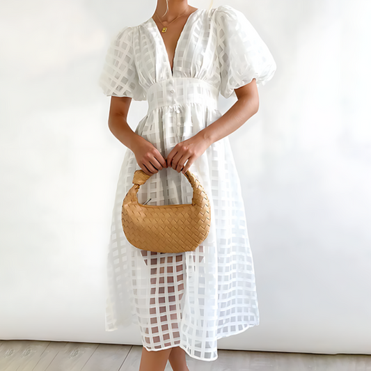 Romelia - Elegante Abito con Maniche a Sfera e Profondo Scollo a V