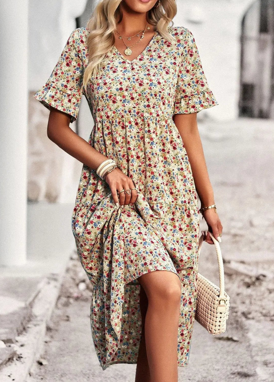 Brianne - Elegante Vestito con Stampa Floreale, Scollo a V e Maniche Corte a Volant