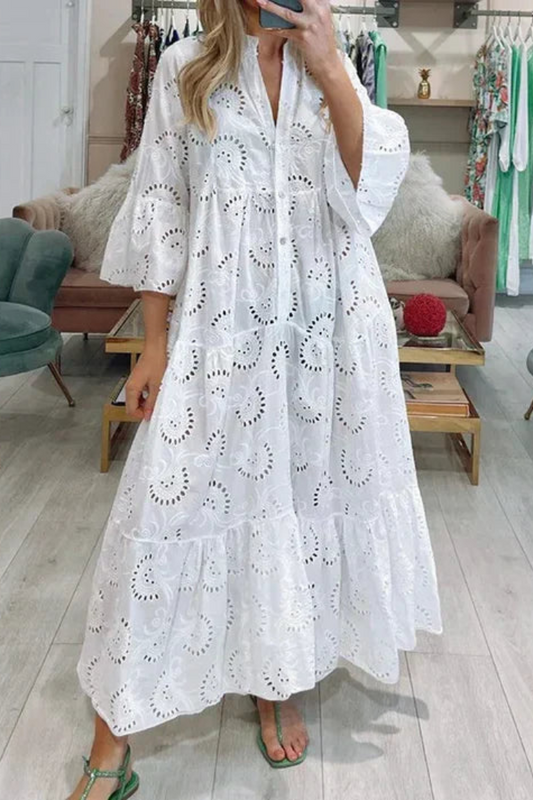Mirasol - Elegante abito maxi vintage ricamato con maniche a campana