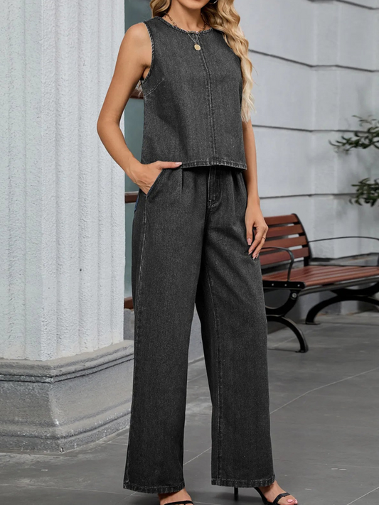 Chantel - Completo in denim con canotta a girocollo e pantaloni coordinati