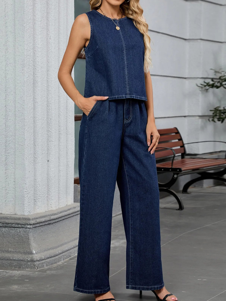 Chantel - Completo in denim con canotta a girocollo e pantaloni coordinati