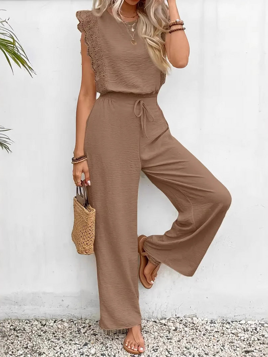 Cecile - Completo elegante con top senza maniche in pizzo e pantaloni larghi con coulisse