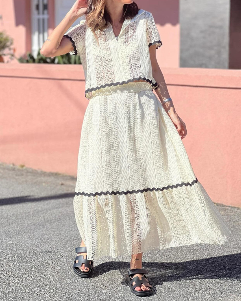 Ellaine - Elegante completo con gonna e top a maniche corte con pizzo morbido
